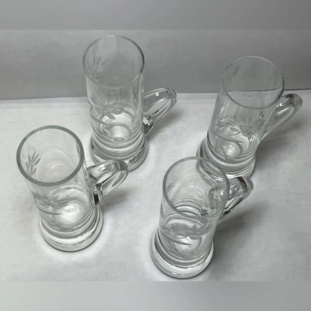 Vintage Etched Floral Hand Blown Shot Cordial Glasses Handles Set of 4, 4" Tall - Picture 9 of 9